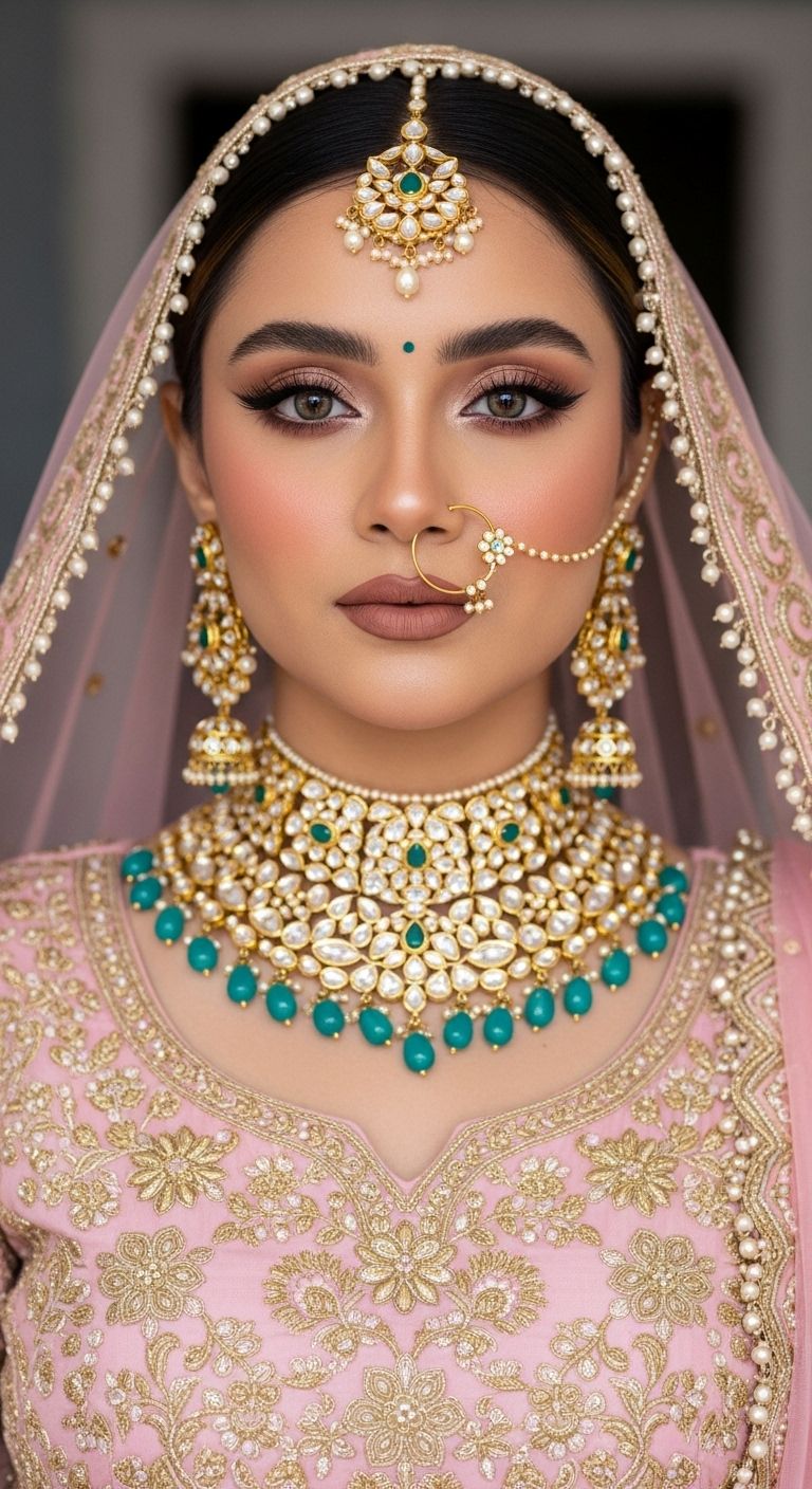 Close up of Indian bride's jewelry and makeup